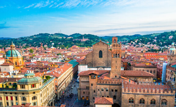 Aerial view of Bologna Cathedral and towers above of the roofs of Old Town in medieval city Bologna. High quality photo