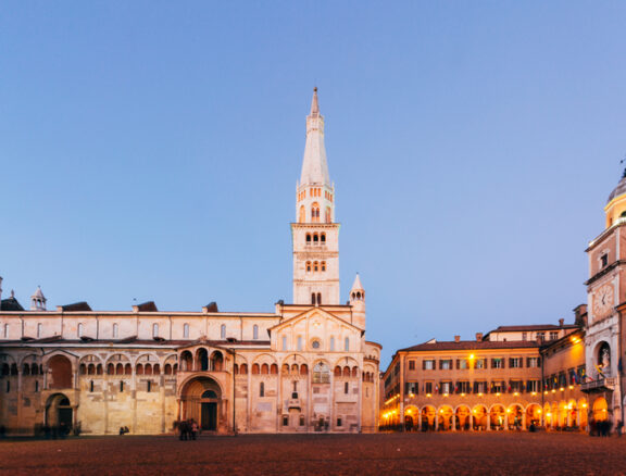 Modena, Emilia Romagna, Italy. Piazza Grande and Duomo Cathedral at sunset.